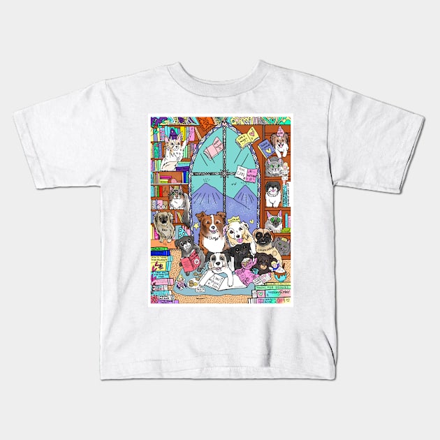 Pets in the Magic Library Kids T-Shirt by HappyPawtraits